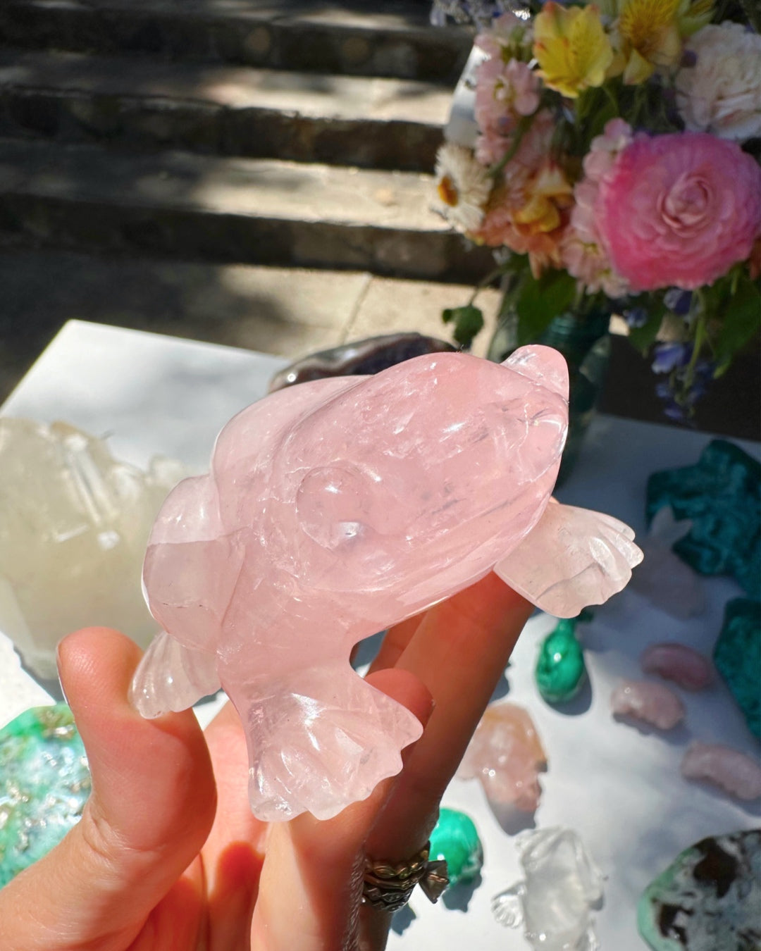 Hand Carved Rose Quartz Frog - Baltic Mermaid