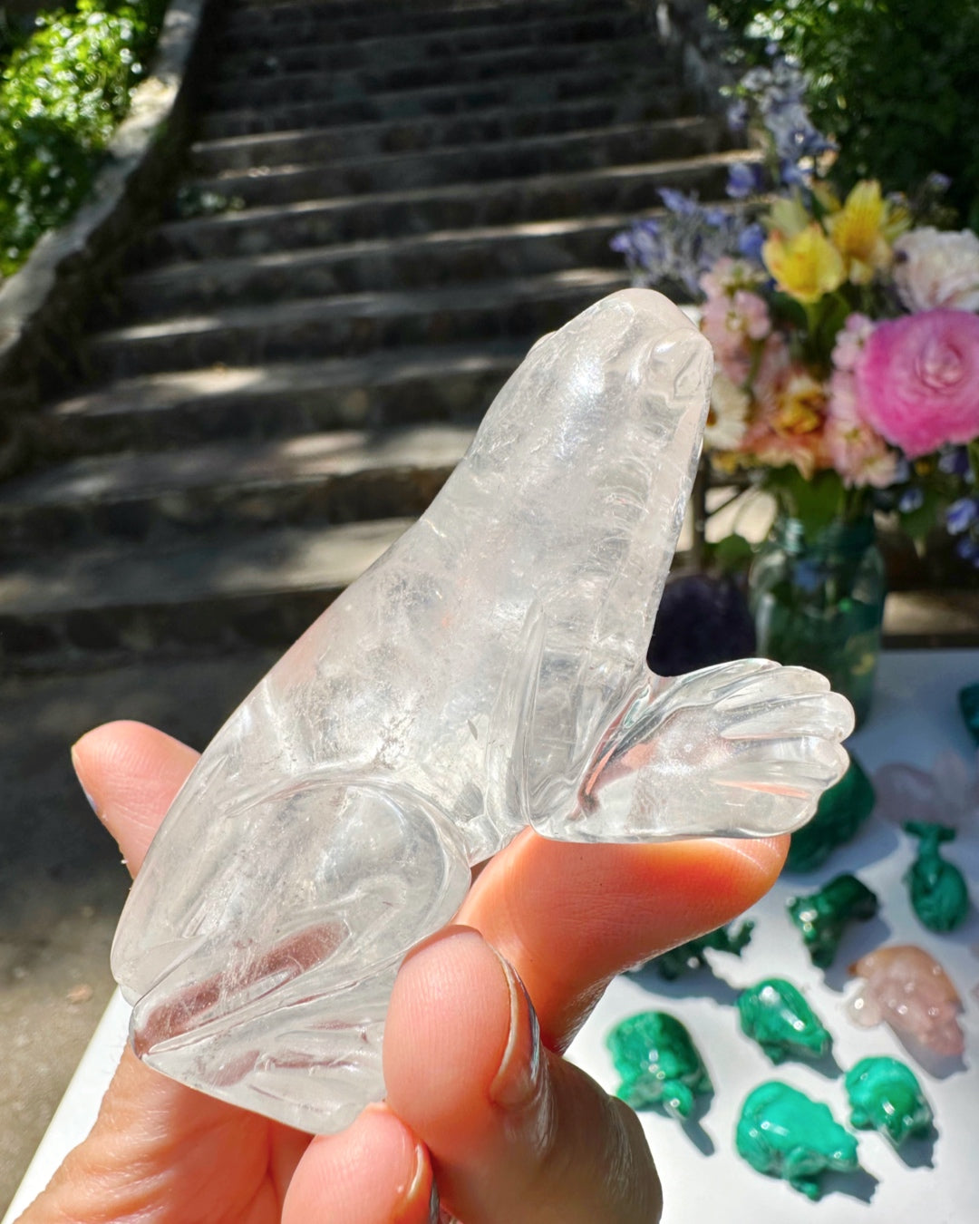 Hand Carved Clear Quartz Frog