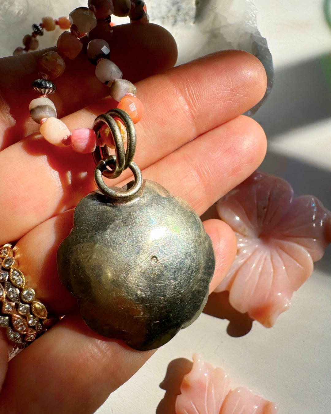 “Chelsea” - Pink Opal & Sterling Silver Necklace w/ Flower Conch Pewter Pendant - Baltic Mermaid