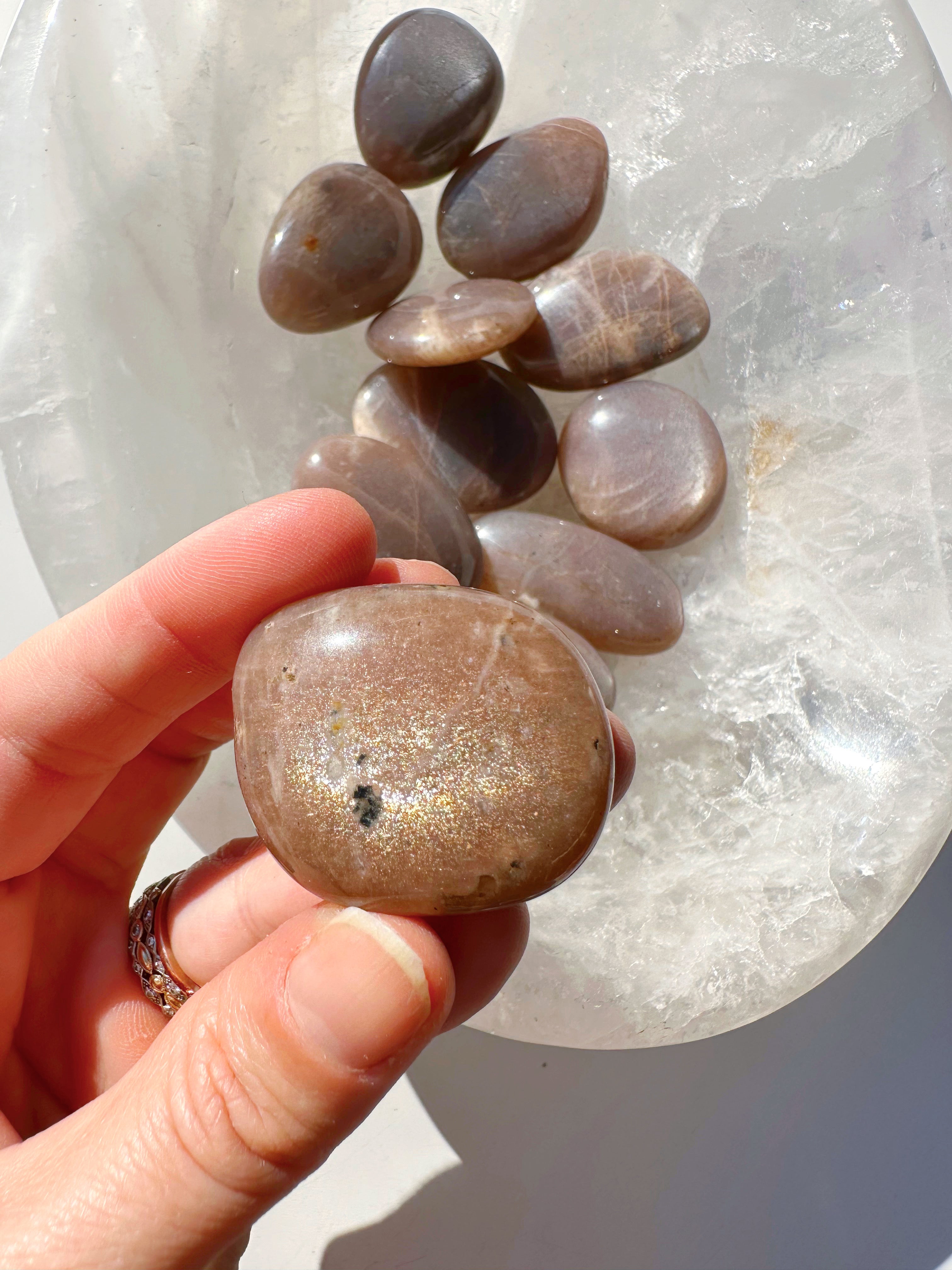 Sunstone & Peach Moonstone Palm Stone - G - Baltic Mermaid