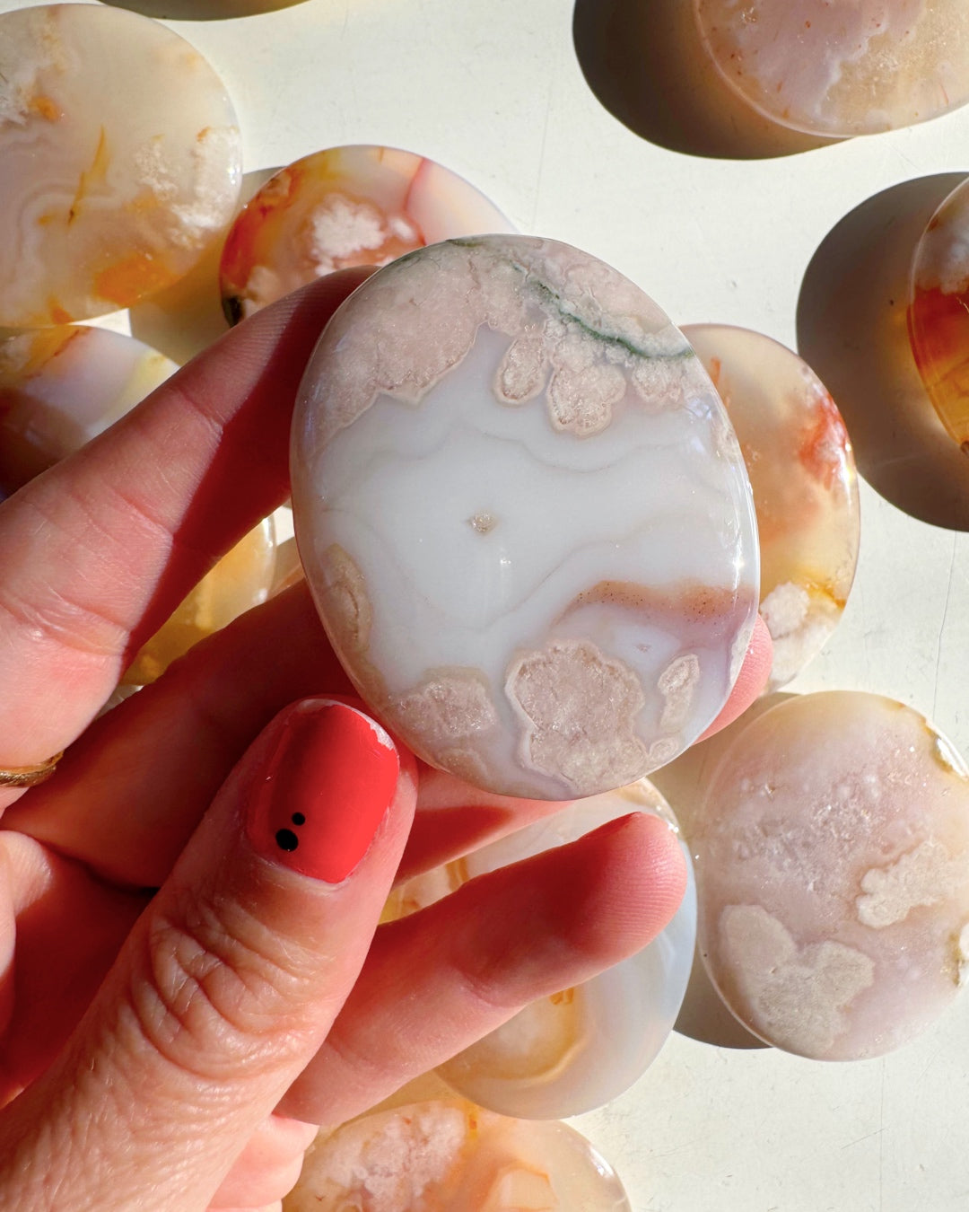Flower Agate Flat Palm Stones - Baltic Mermaid