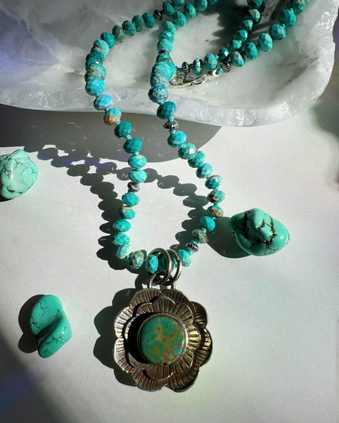 “Chelsea” - Turquoise & Sterling Silver Necklace w/ Flower  Pendant - Baltic Mermaid