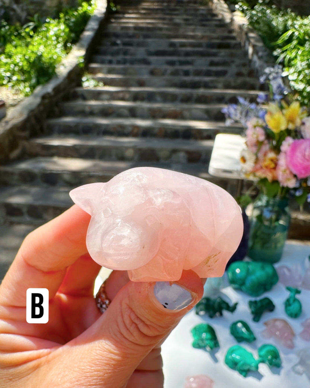 Hand Carved Rose Quartz Pigs