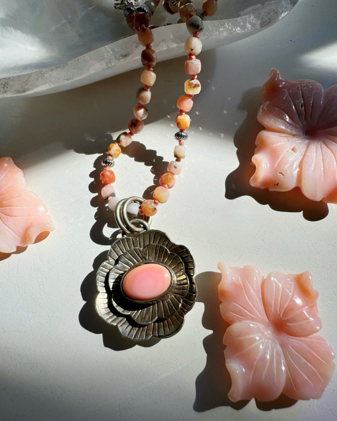 “Chelsea” - Pink Opal & Sterling Silver Necklace w/ Flower Conch Pewter Pendant - Baltic Mermaid