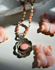 “Chelsea” - Pink Opal & Sterling Silver Necklace w/ Flower Conch Pewter Pendant