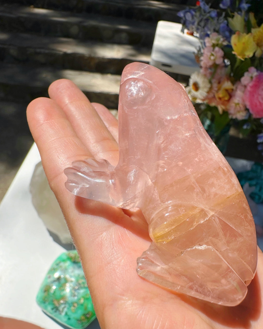 Hand Carved Rose Quartz Frog