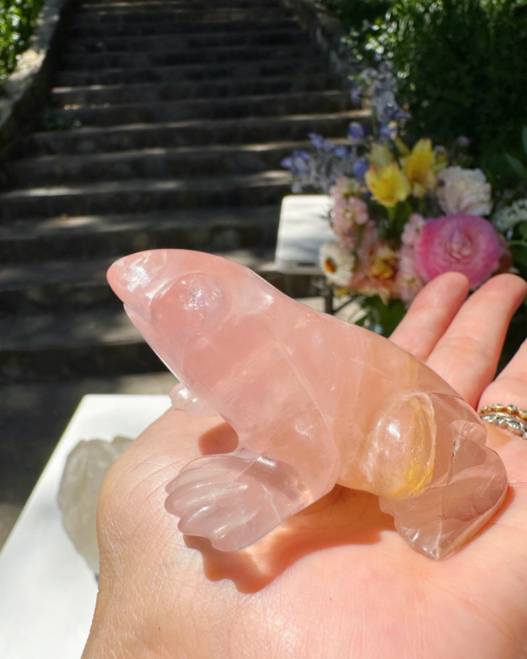 Hand Carved Rose Quartz Frog