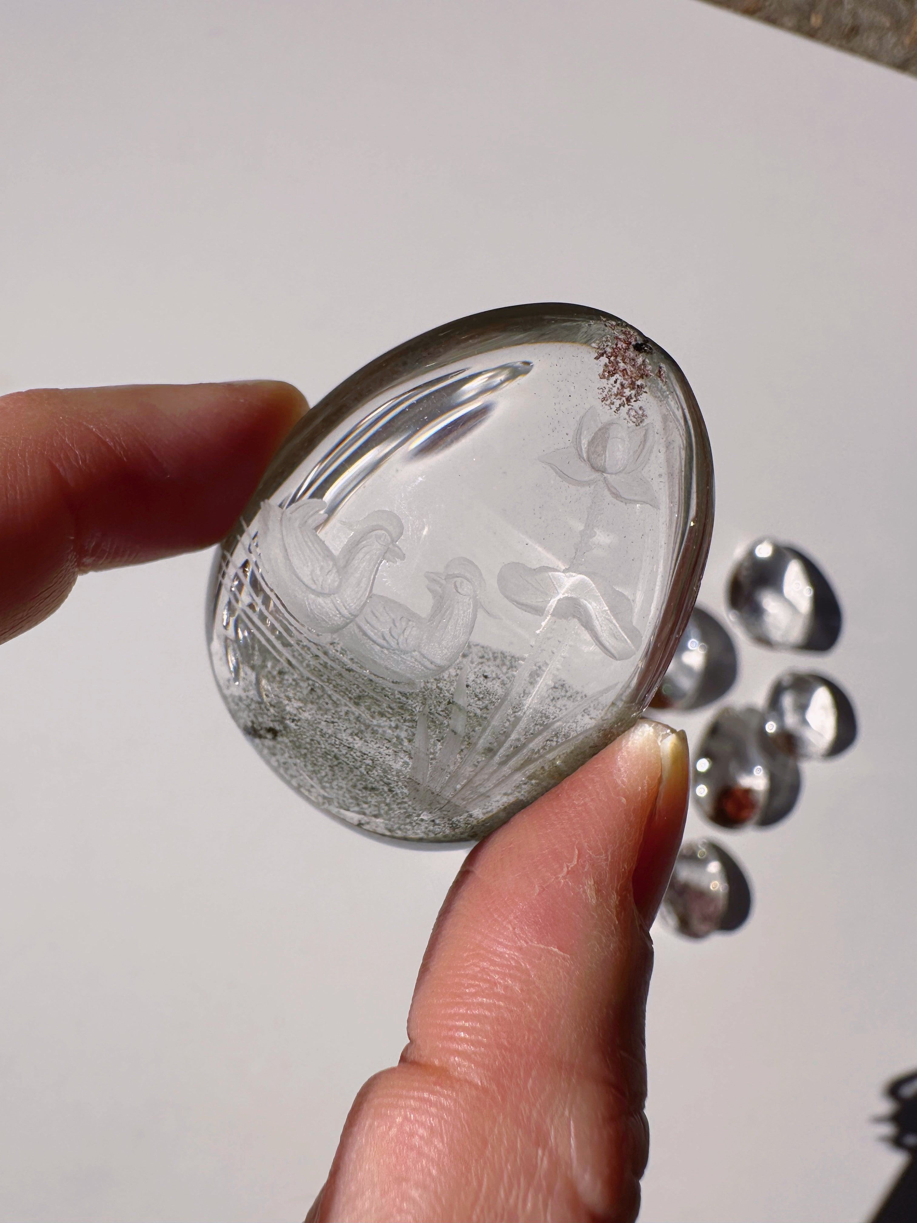 Intaglio Carved Love Birds in a the water Chlorite Quartz/Garden Quartz Cabochon Baltic Mermaid