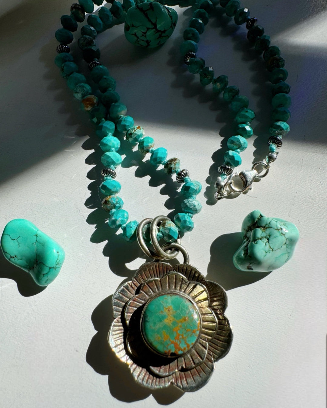 “Chelsea” - Turquoise & Sterling Silver Necklace w/ Flower  Pendant - Baltic Mermaid