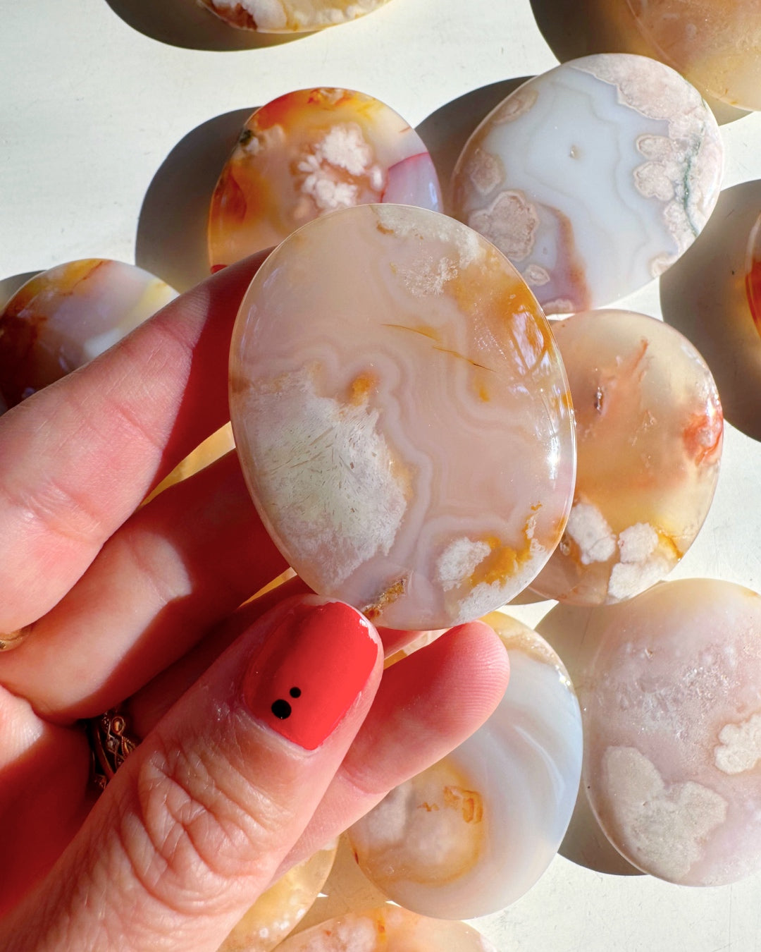 Flower Agate Flat Palm Stones - Baltic Mermaid