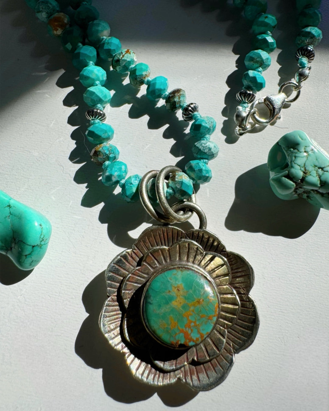 “Chelsea” - Turquoise &amp; Sterling Silver Necklace w/ Flower  Pendant