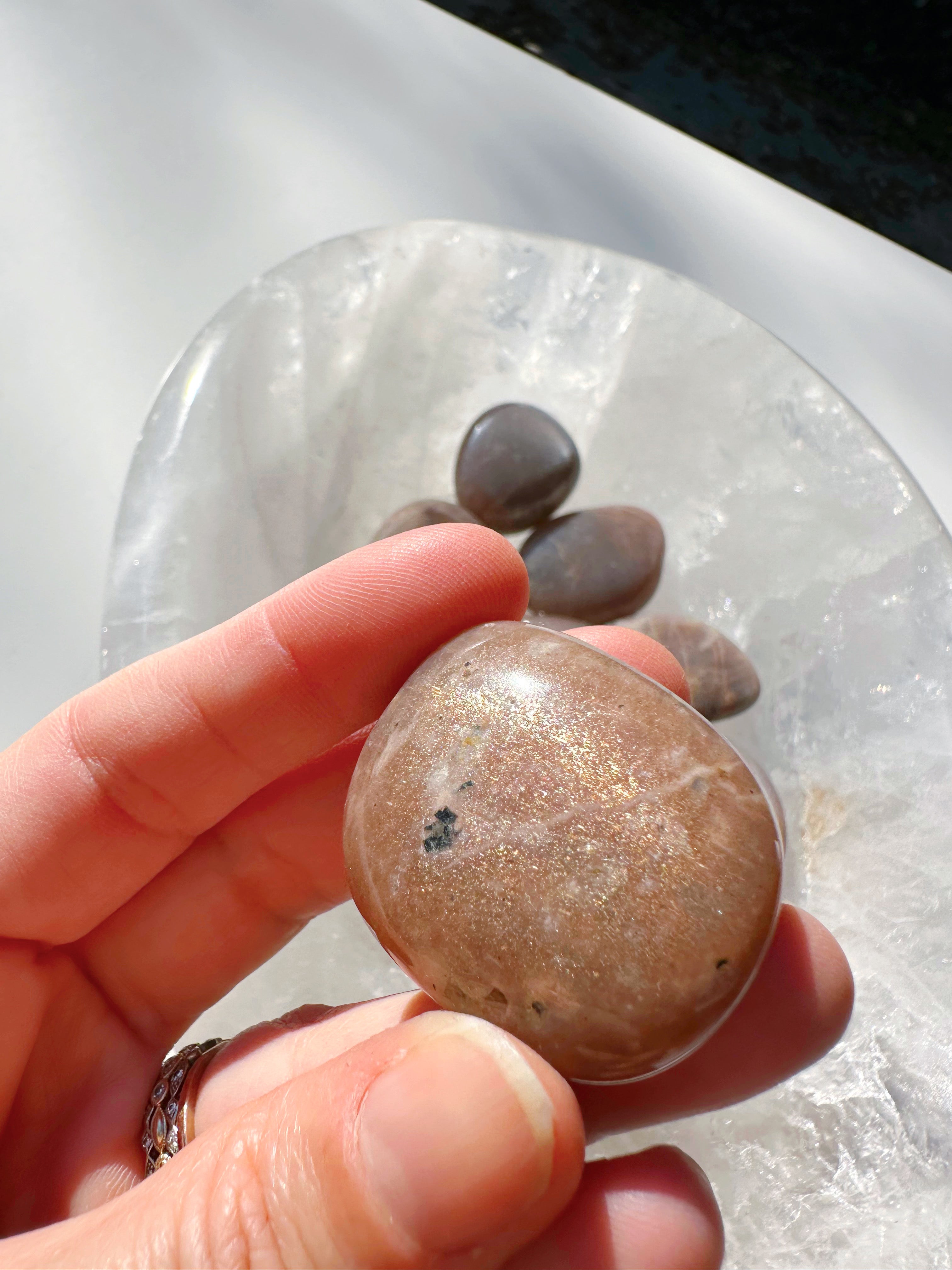 Sunstone & Peach Moonstone Palm Stone - G - Baltic Mermaid