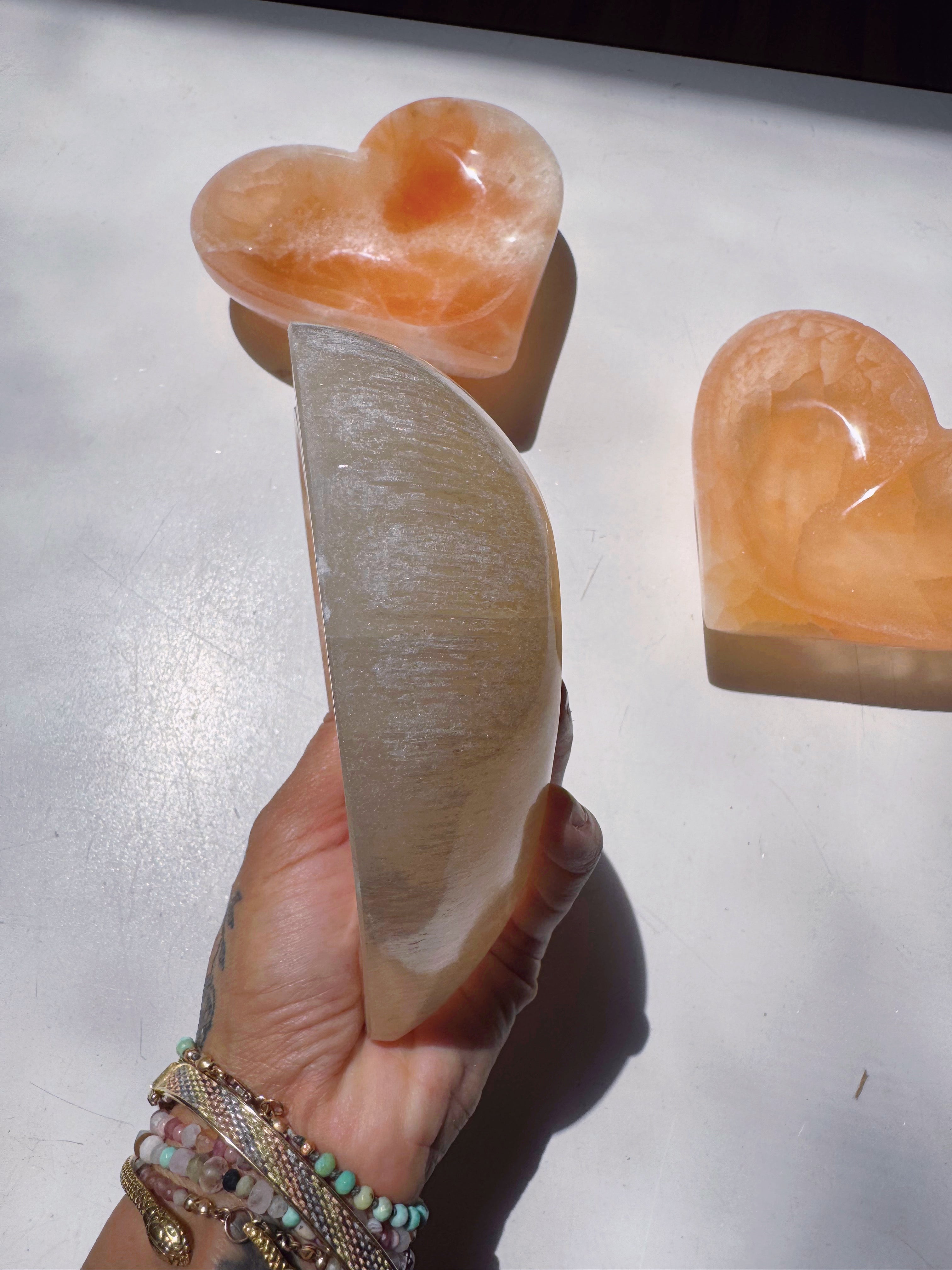 Peach Selenite Heart Dish Baltic Mermaid