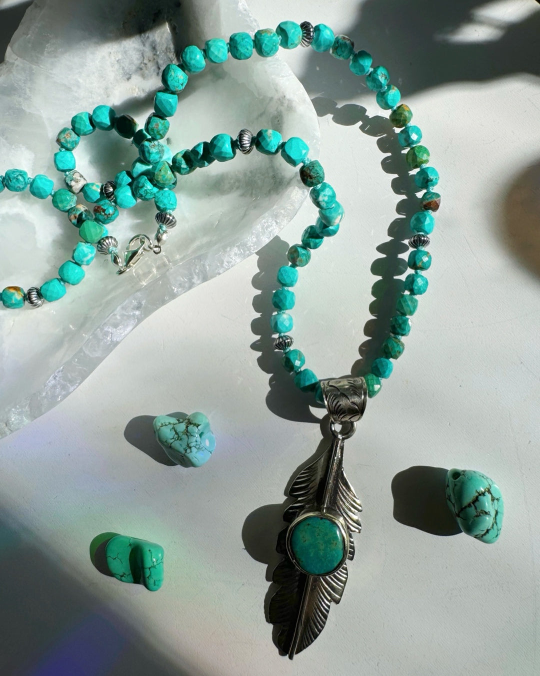 “Frida” - Turquoise &amp; Sterling Silver w/ Pewter Feather