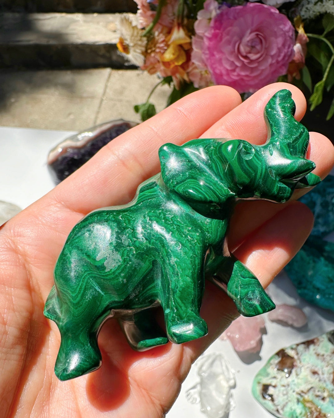 Hand Carved Malachite Elephant