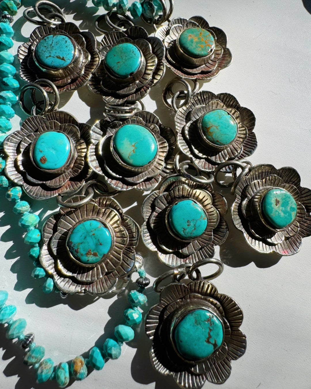 “Chelsea” - Turquoise &amp; Sterling Silver Necklace w/ Flower  Pendant