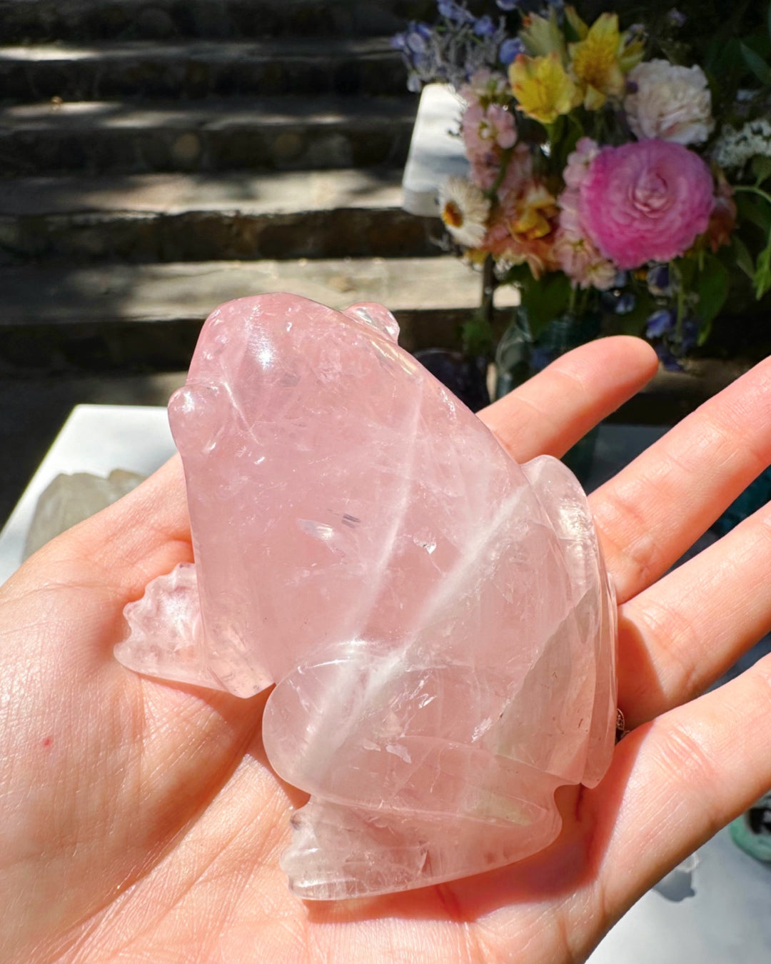 Hand Carved Rose Quartz Frog