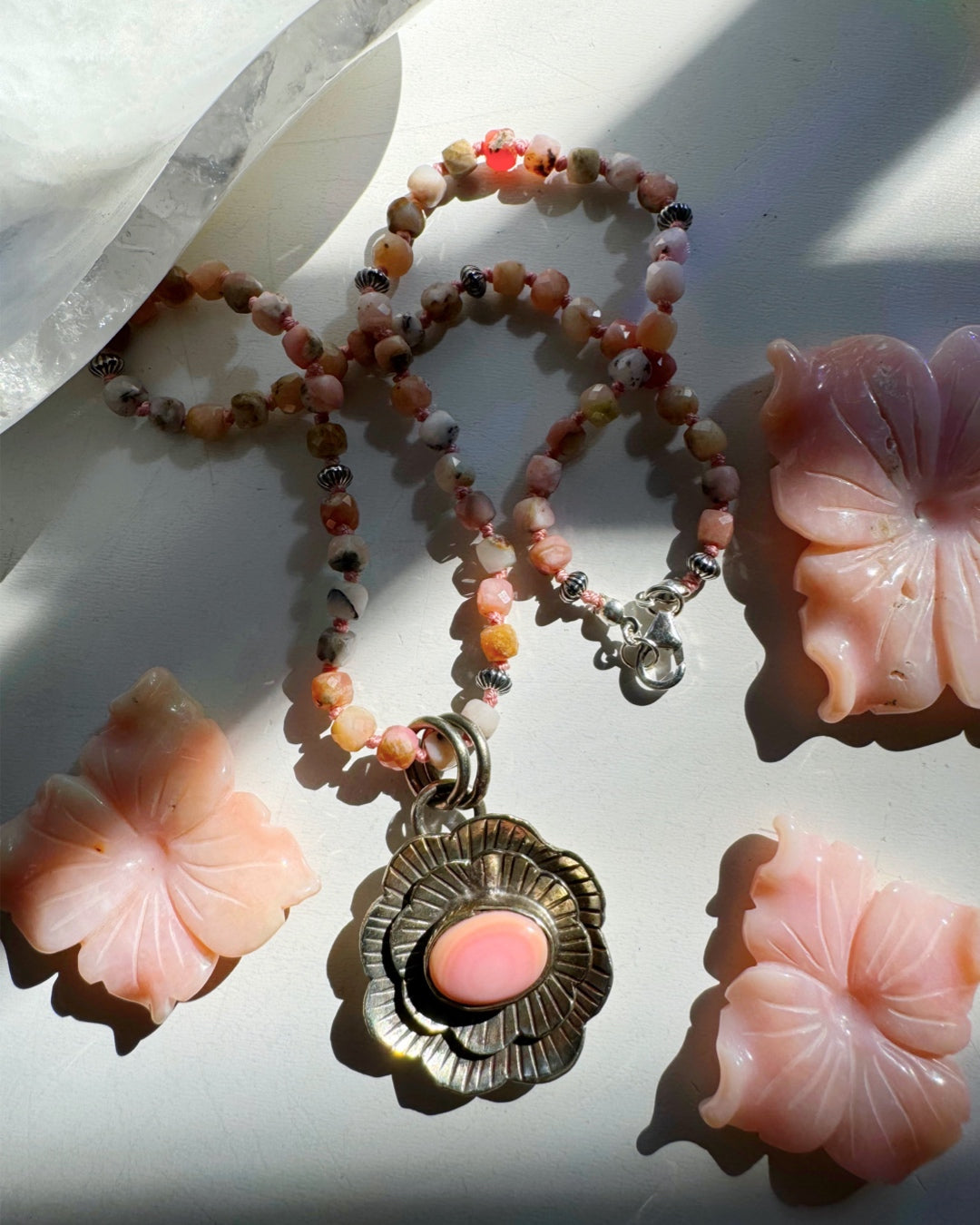 “Chelsea” - Pink Opal &amp; Sterling Silver Necklace w/ Flower Conch Pewter Pendant