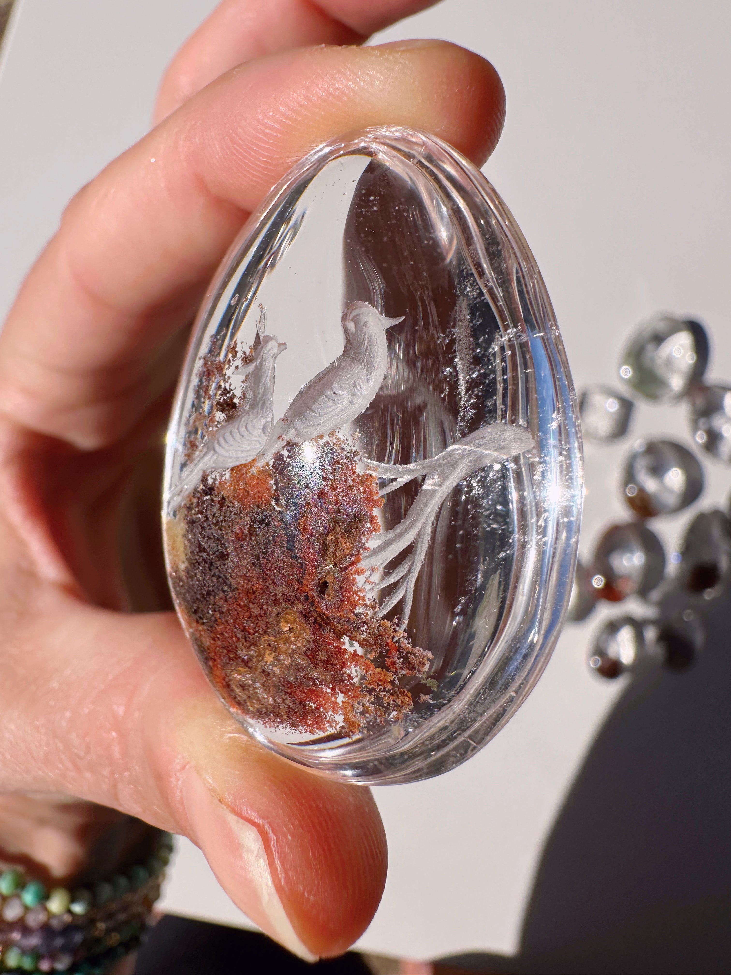 Intaglio Carved Love Birds in a Tree Chlorite Quartz/Garden Quartz Cabochon Baltic Mermaid