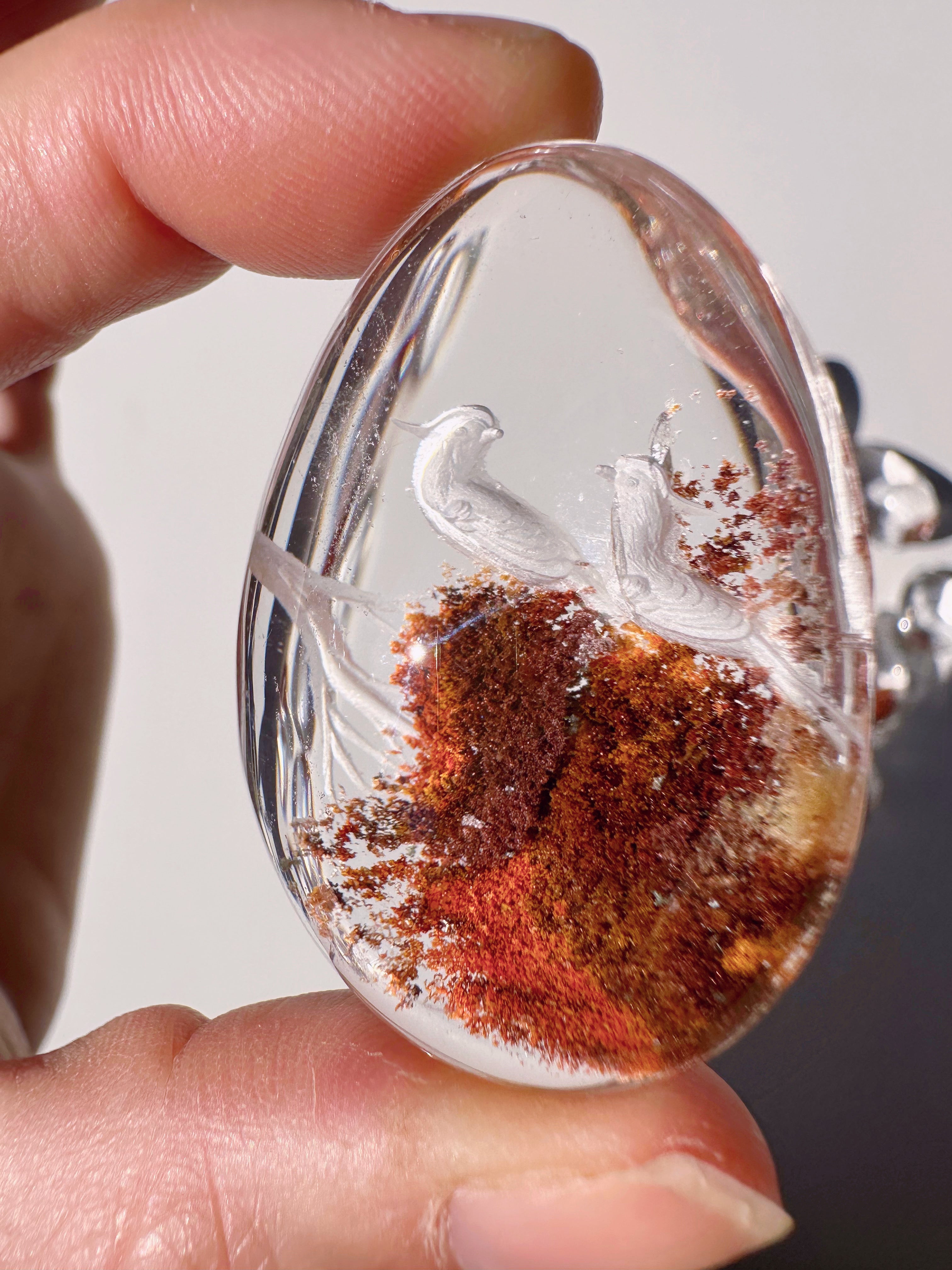 Intaglio Carved Love Birds in a Tree Chlorite Quartz/Garden Quartz Cabochon Baltic Mermaid