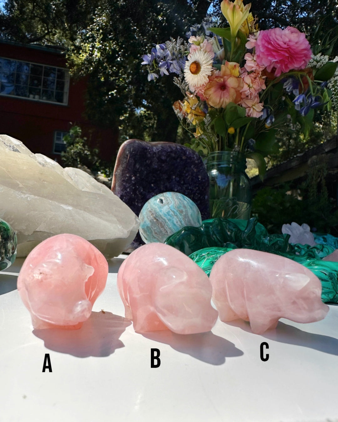 Hand Carved Rose Quartz Pigs - Baltic Mermaid