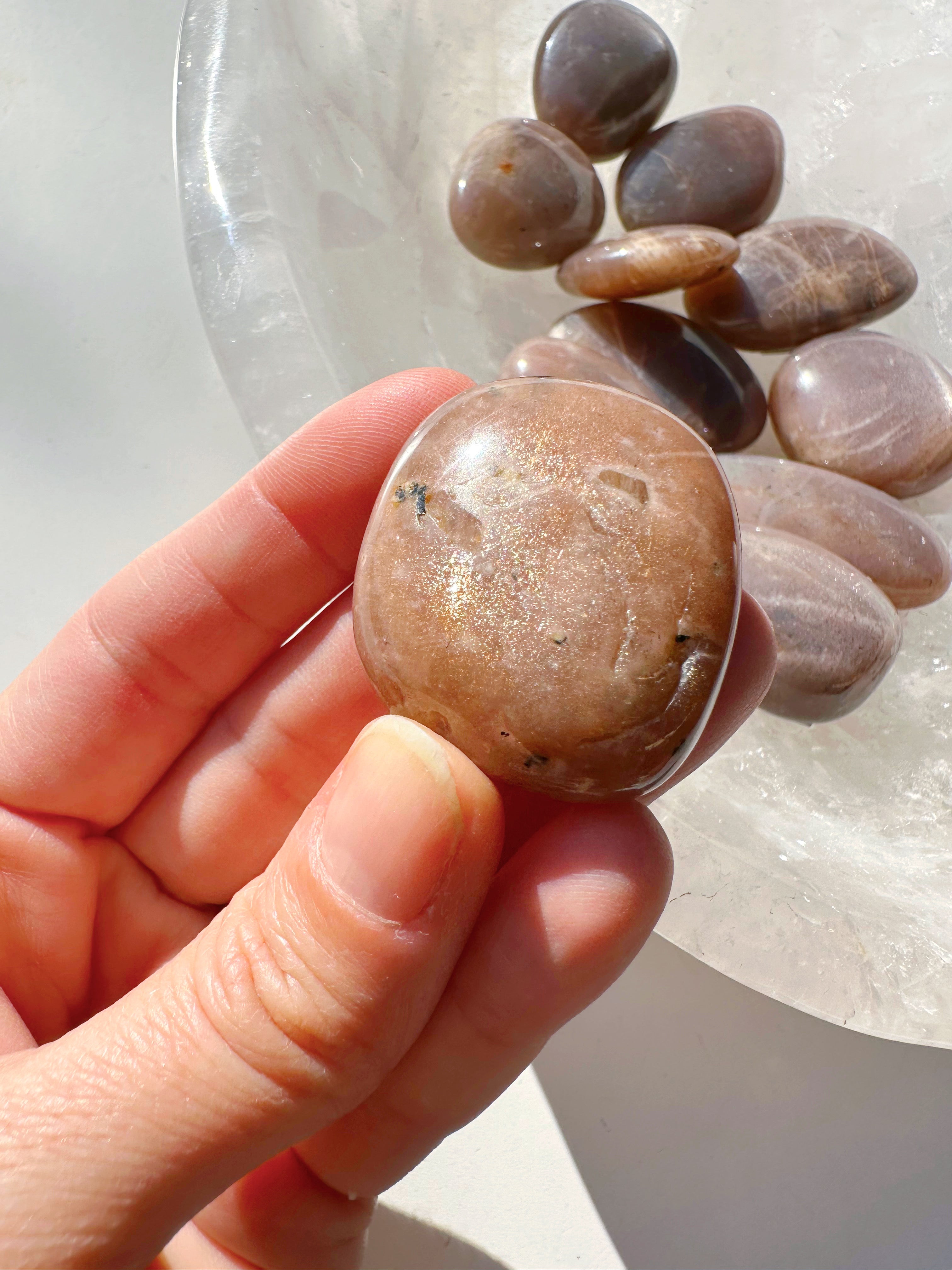 Sunstone & Peach Moonstone Palm Stone - G - Baltic Mermaid