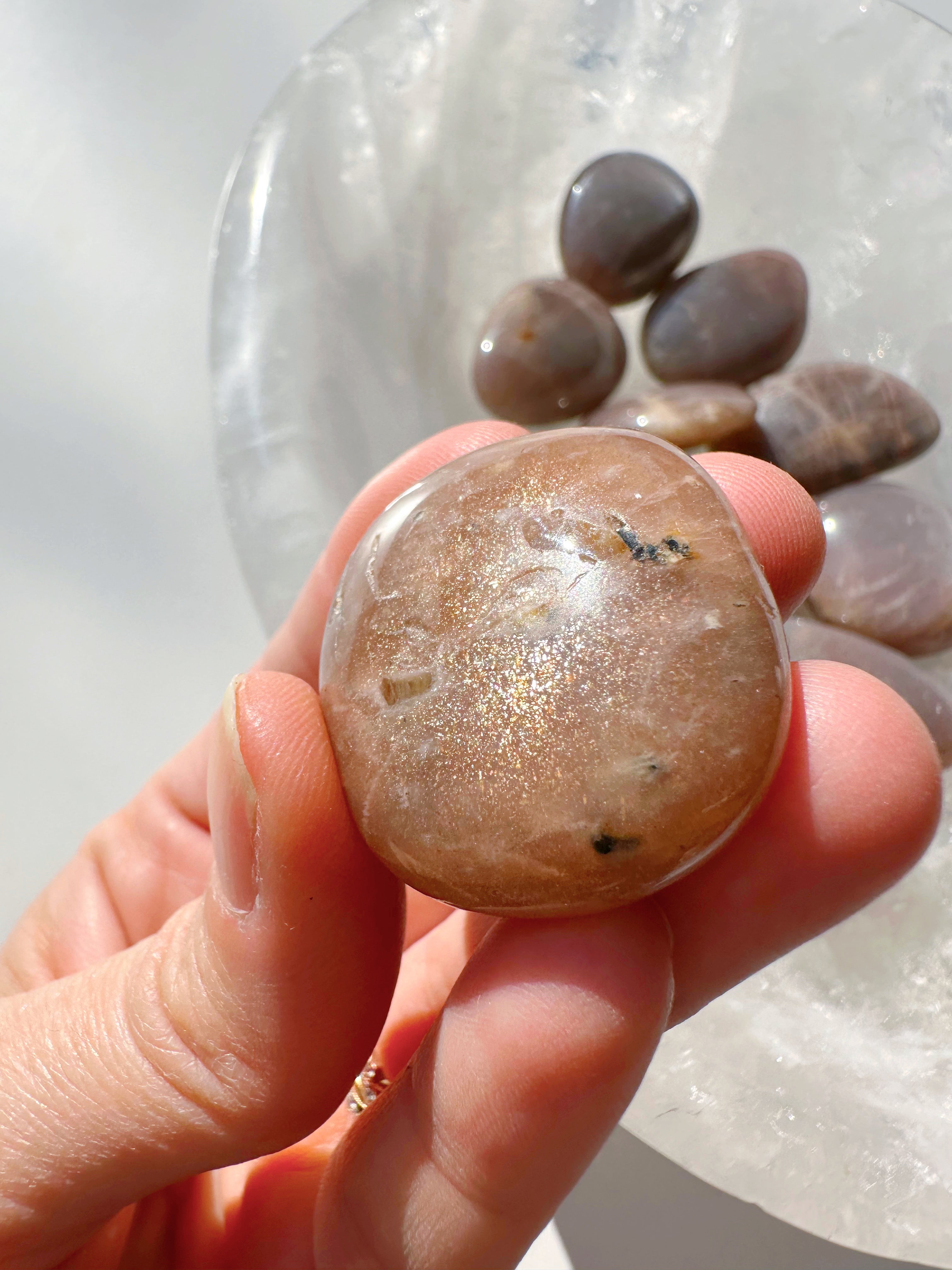 Sunstone & Peach Moonstone Palm Stone - G - Baltic Mermaid