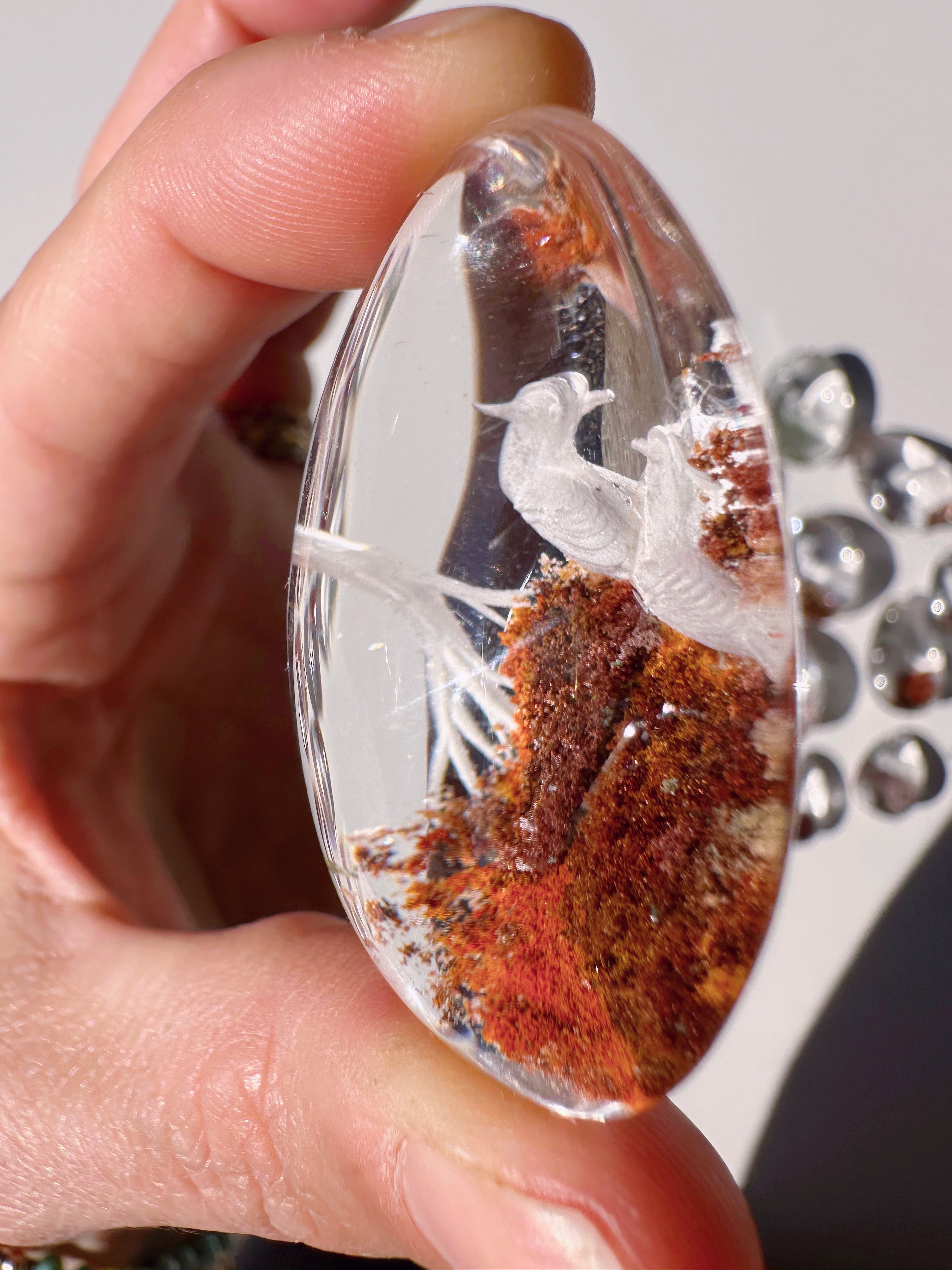 Intaglio Carved Love Birds in a Tree Chlorite Quartz/Garden Quartz Cabochon Baltic Mermaid