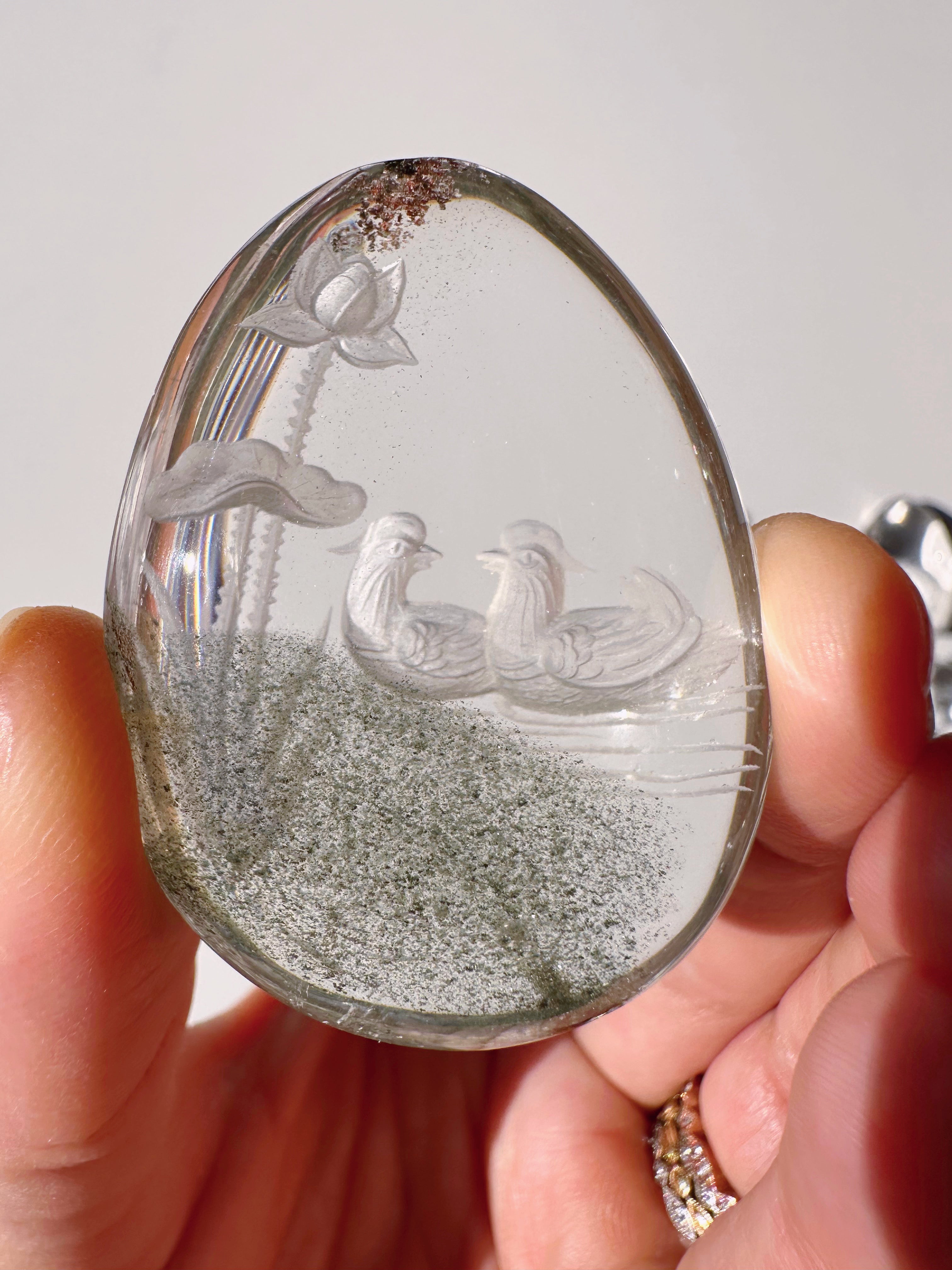 Intaglio Carved Love Birds in a the water Chlorite Quartz/Garden Quartz Cabochon Baltic Mermaid