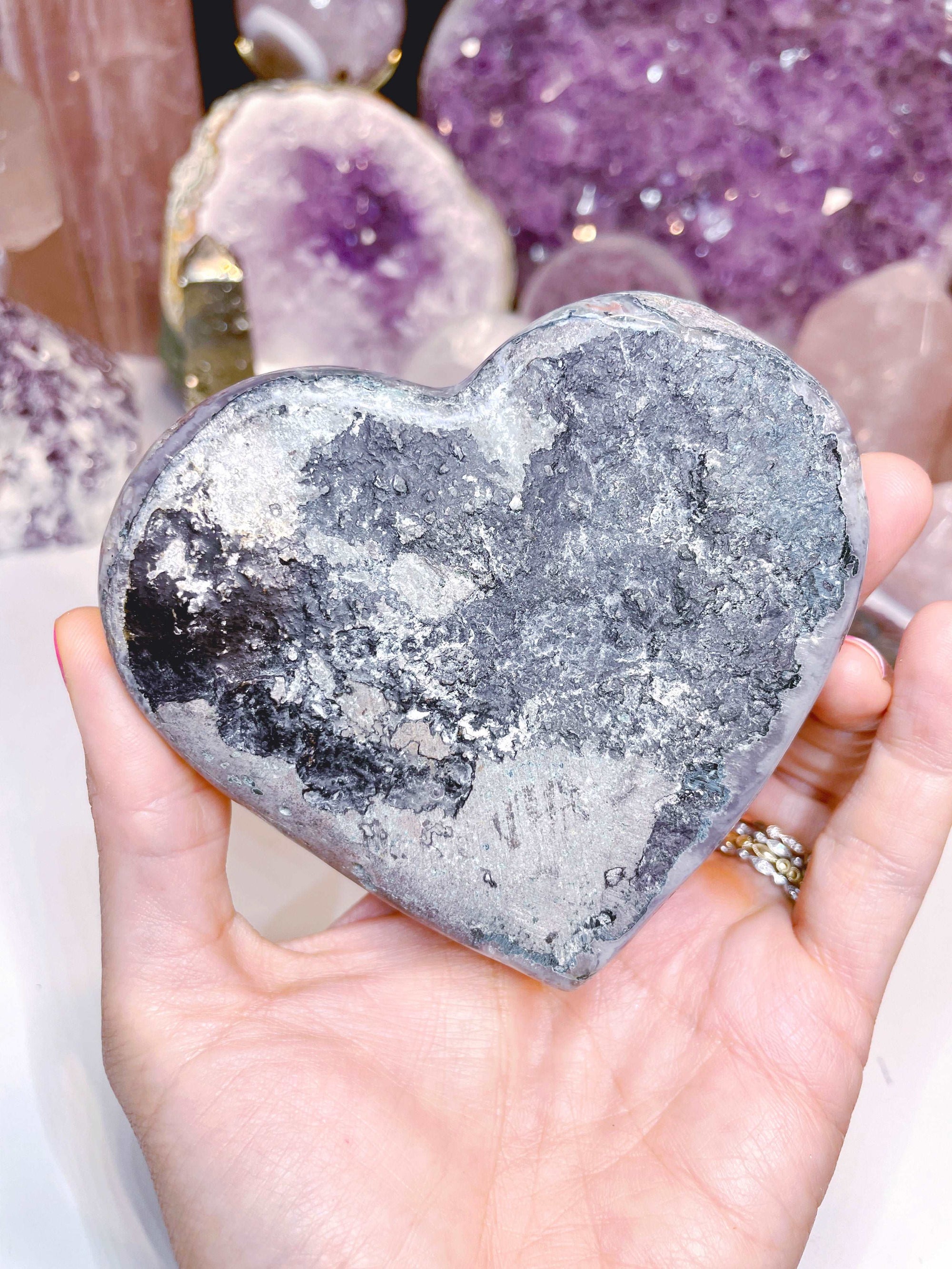 Amethyst Heart w/ Druzy Calcite Cube