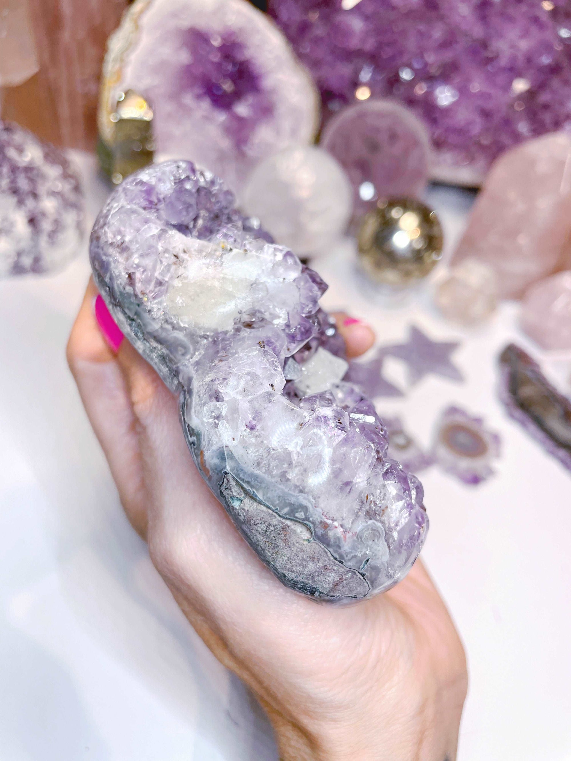 Amethyst Heart w/ Druzy Calcite Cube