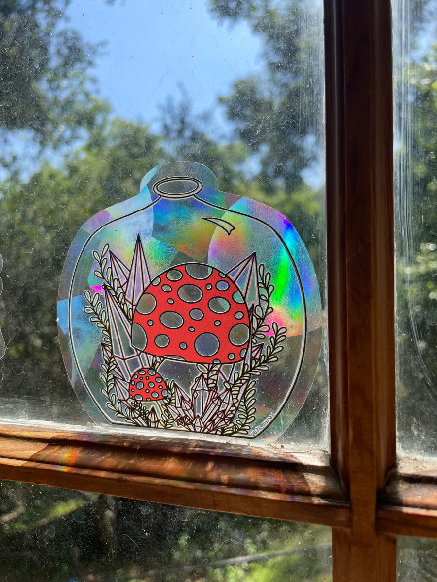Mushrooms in Jar Rainbow Prism Window Decal