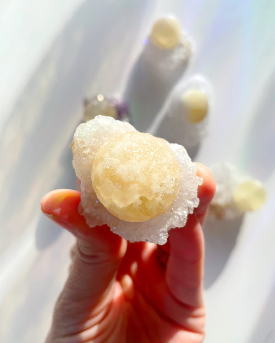 Rare Botryoidal Fluorite on Quartz “Fried Egg”