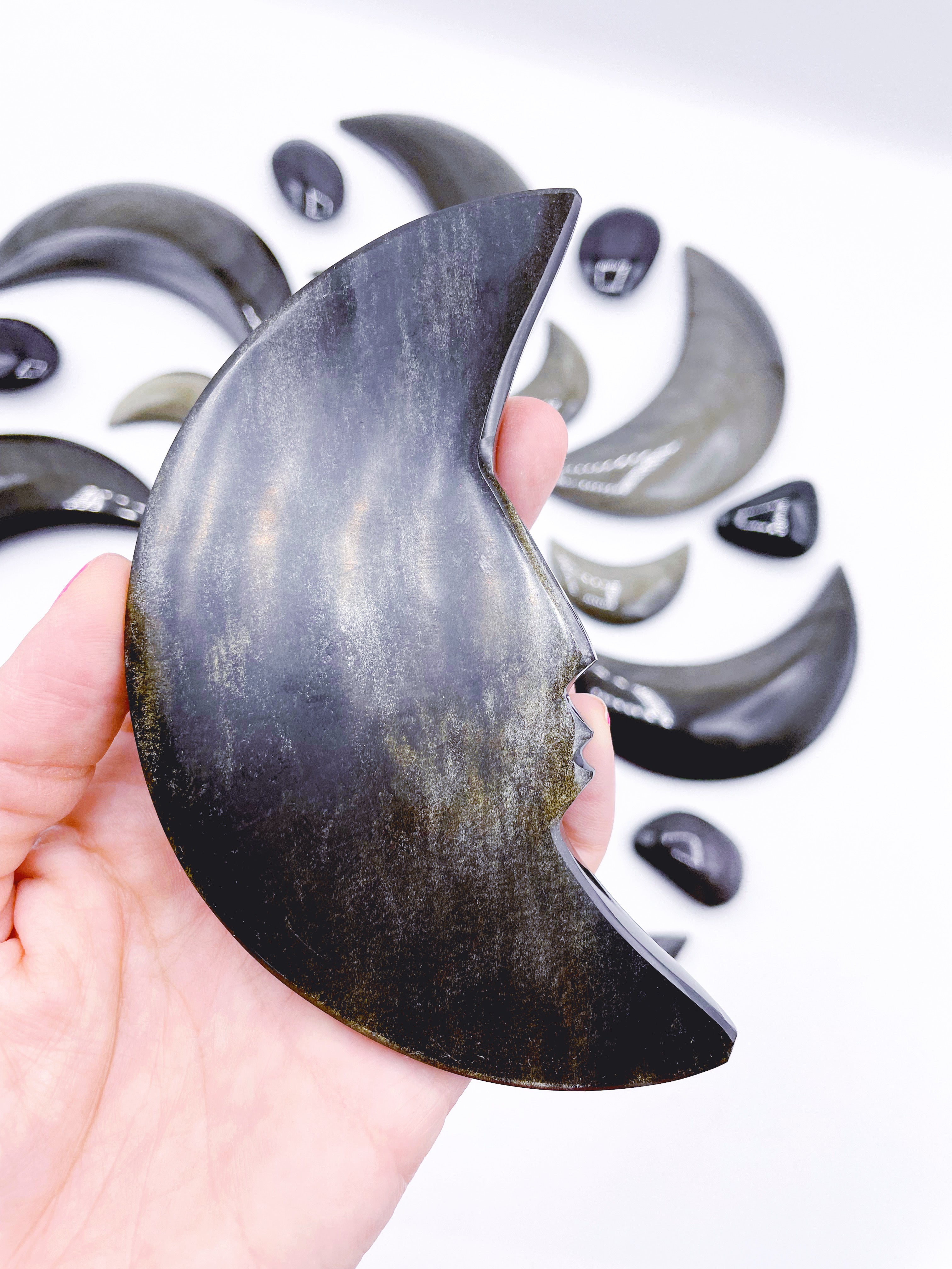 Gold Sheen Obsidian Moon w/ Carved Face - Baltic Mermaid