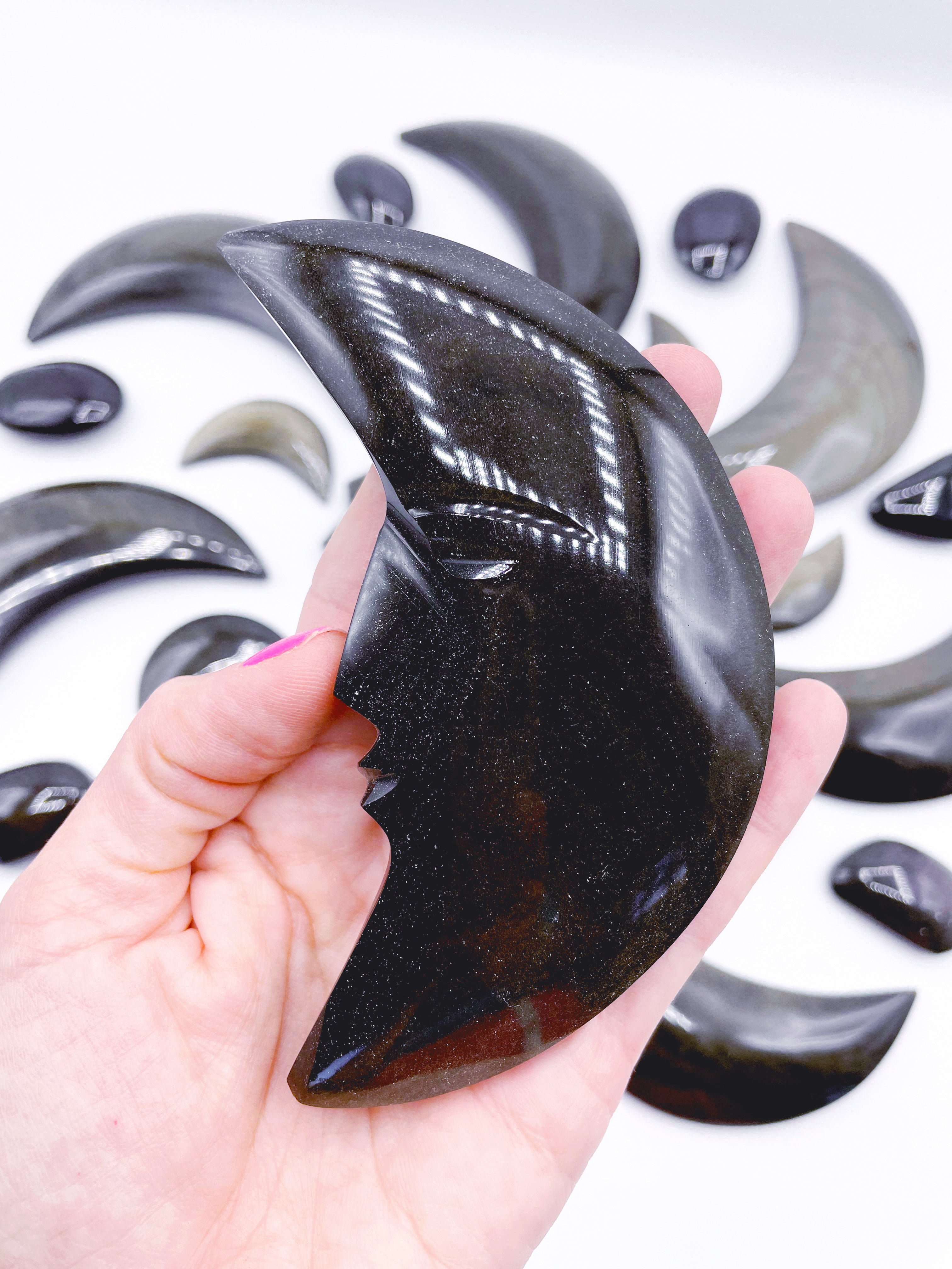 Gold Sheen Obsidian Moon w/ Carved Face - Baltic Mermaid