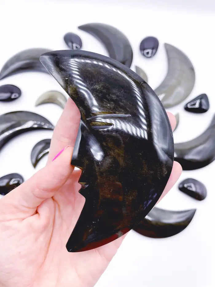 Gold Sheen Obsidian Moon w/ Carved Face - Baltic Mermaid