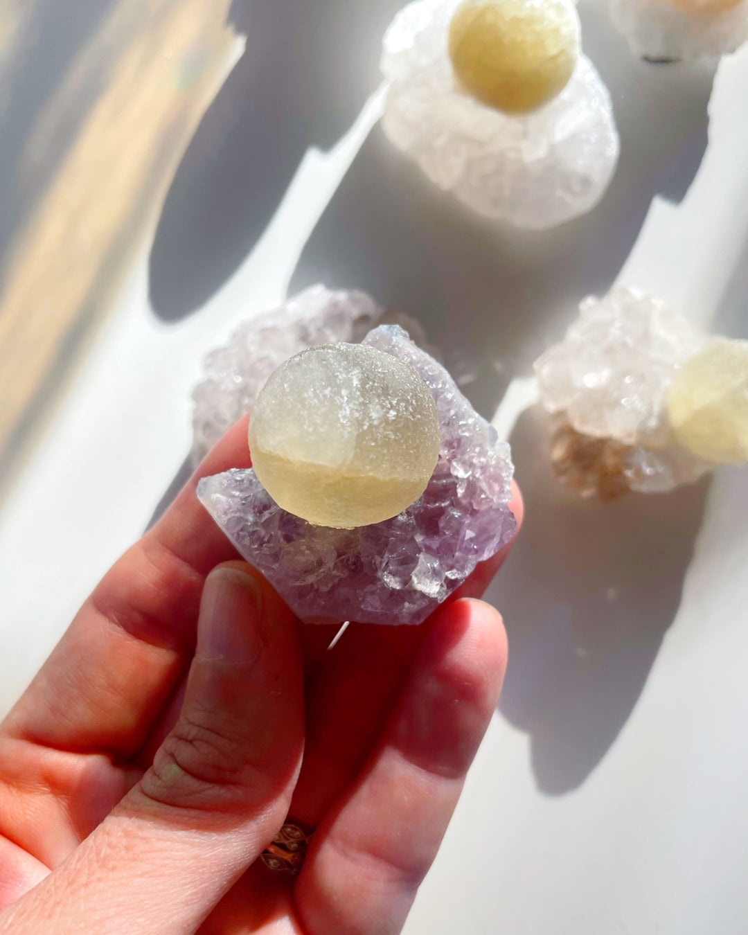 Rare Botryoidal Fluorite on Amethyst “Fried Egg” - Baltic Mermaid