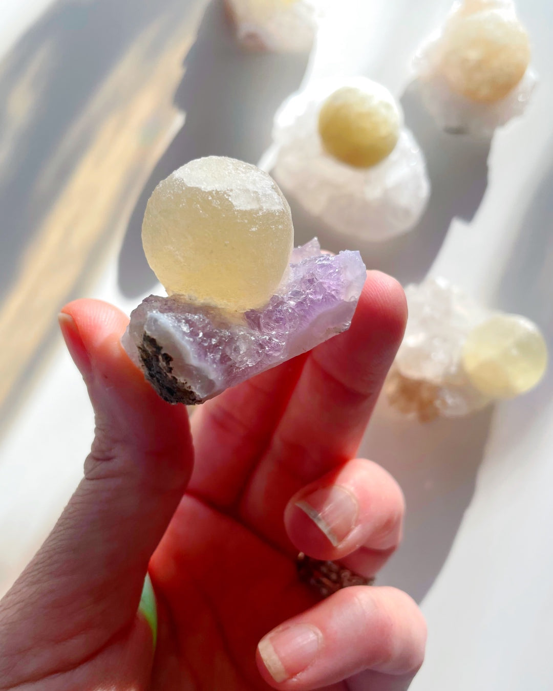 Rare Botryoidal Fluorite on Amethyst “Fried Egg” - Baltic Mermaid